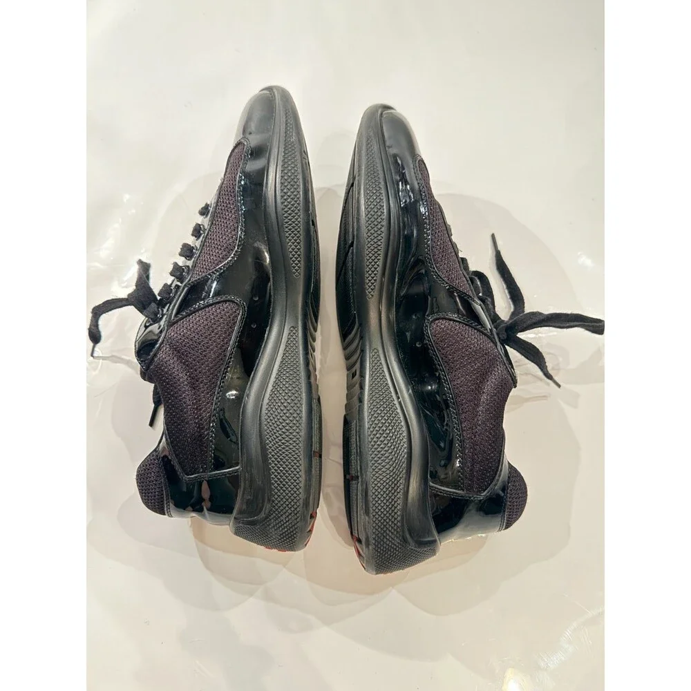 Prada Mens Americas Cup Black Patent Leather Mesh Lace-Up Sneakers US 7